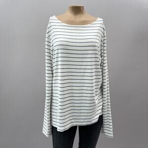 Cut Loose Top Women L White Blue Striped Jersey Stretch Casual Coastal LS